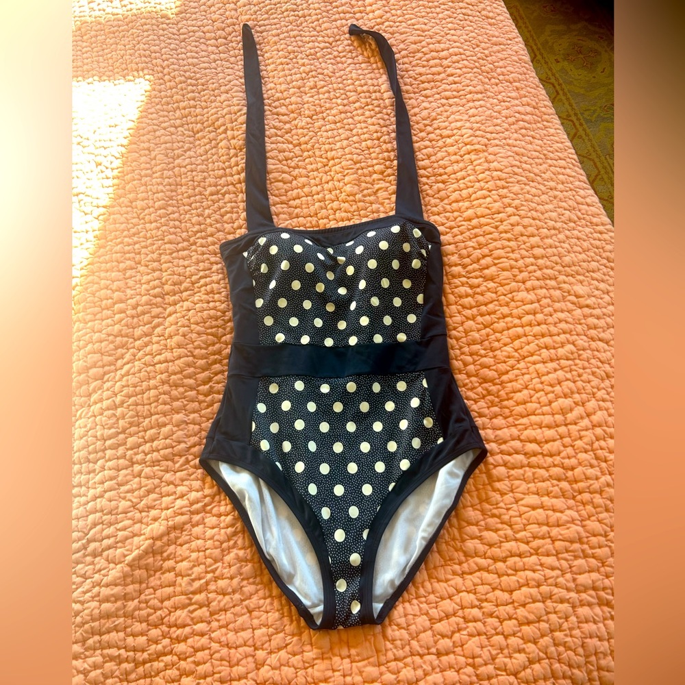 Black and white polka dot halter swim suit